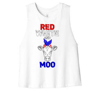 Red White And Moo Usa American Flag Bandana Cow Funny Pun Cute Gift Women's Racerback Cropped Tank