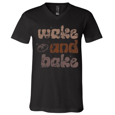Retro Wake And Bake Funny Sourdough Starter Bread Baking V-Neck T-Shirt