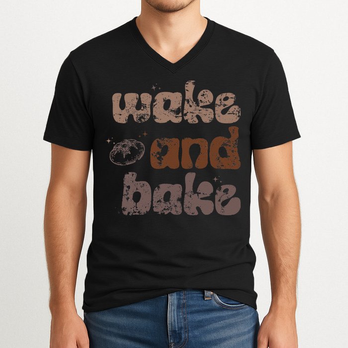 Retro Wake And Bake Funny Sourdough Starter Bread Baking V-Neck T-Shirt