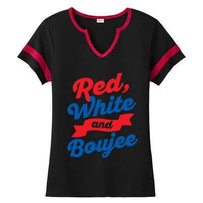 Red White And Boujee Usa Thick Script Banner Vintage Gift Ladies Halftime Notch Neck Tee