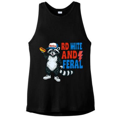 Red White And Feral Funny Raccoon 4th Of July Ladies PosiCharge Tri-Blend Wicking Tank