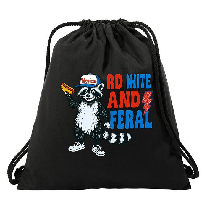 Red White And Feral Funny Raccoon 4th Of July Drawstring Bag