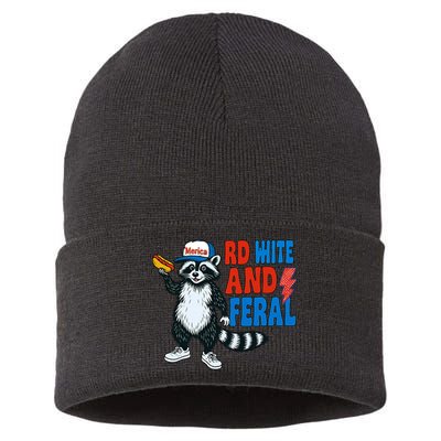 Red White And Feral Funny Raccoon 4th Of July Sustainable Knit Beanie