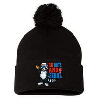 Red White And Feral Funny Raccoon 4th Of July Pom Pom 12in Knit Beanie