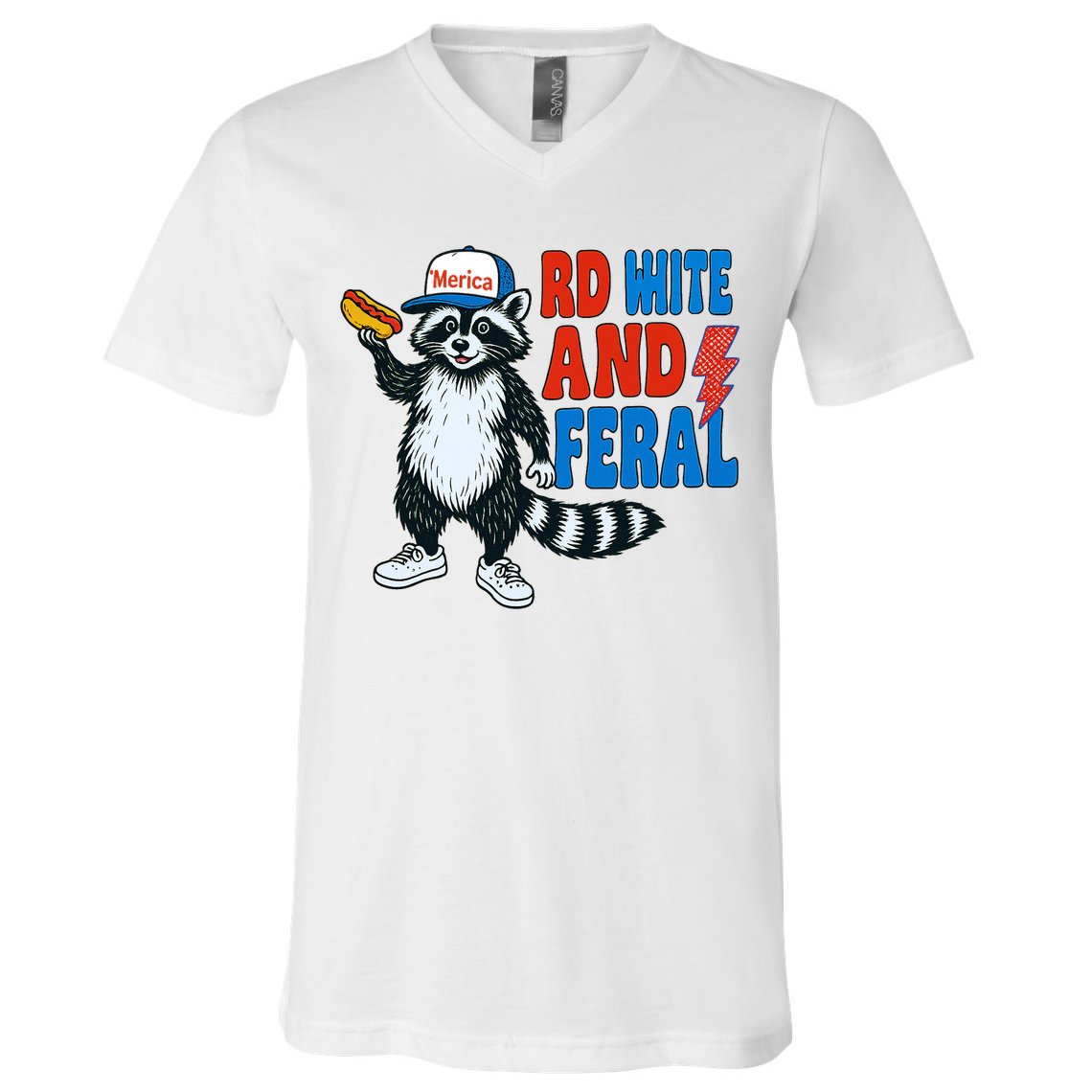 Red White And Feral Funny Raccoon 4th Of July V-Neck T-Shirt