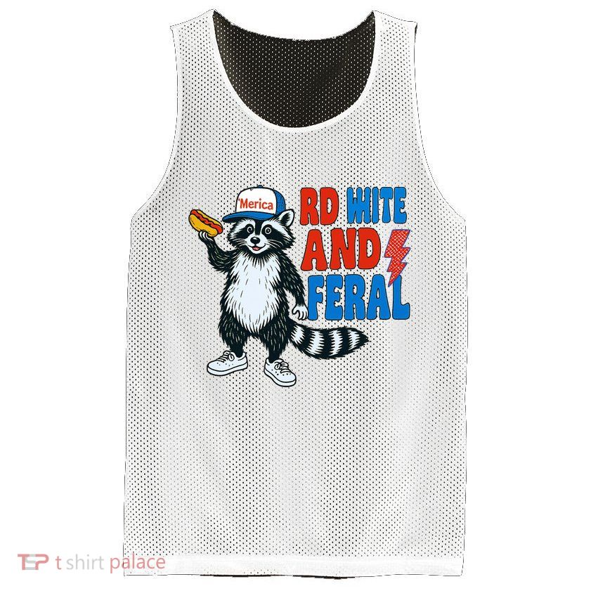 Red White And Feral Funny Raccoon 4th Of July Mesh Reversible Basketball Jersey Tank