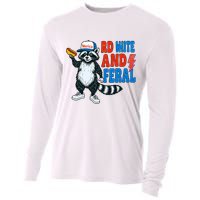 Red White And Feral Funny Raccoon 4th Of July Cooling Performance Long Sleeve Crew