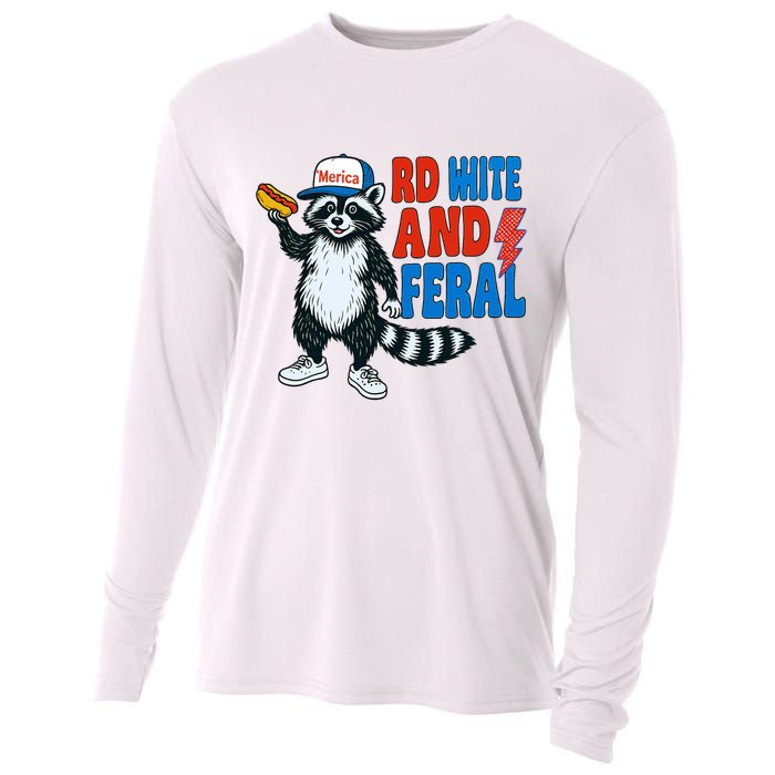 Red White And Feral Funny Raccoon 4th Of July Cooling Performance Long Sleeve Crew