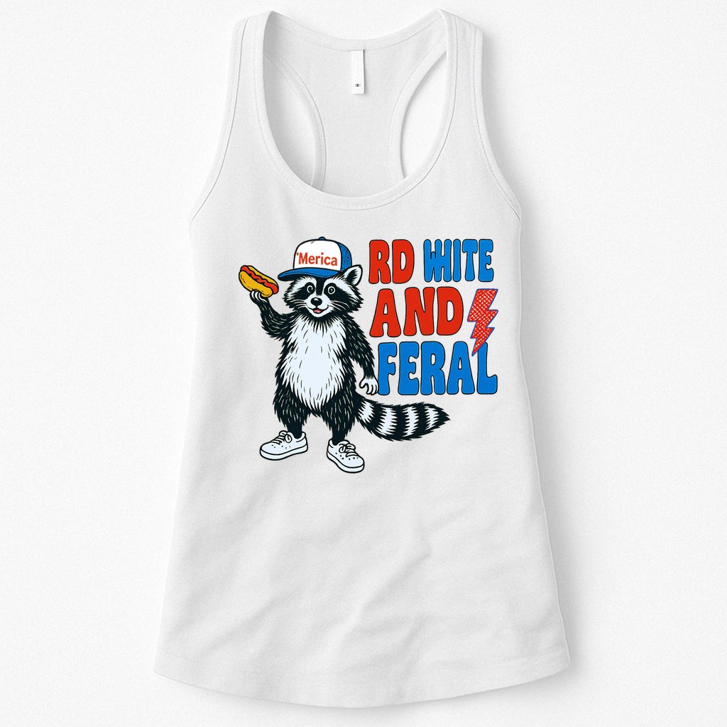 Red White And Feral Funny Raccoon 4th Of July Womens Tank Top