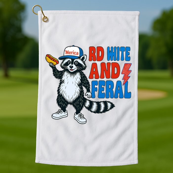 Red White And Feral Funny Raccoon 4th Of July Golf Towel