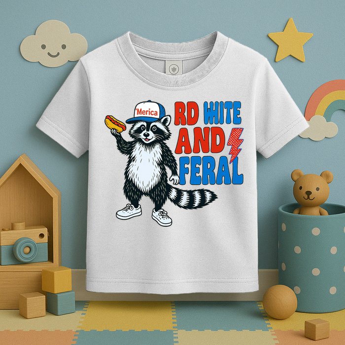 Red White And Feral Funny Raccoon 4th Of July Toddler T-Shirt