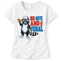 Red White And Feral Funny Raccoon 4th Of July Womens T-Shirt