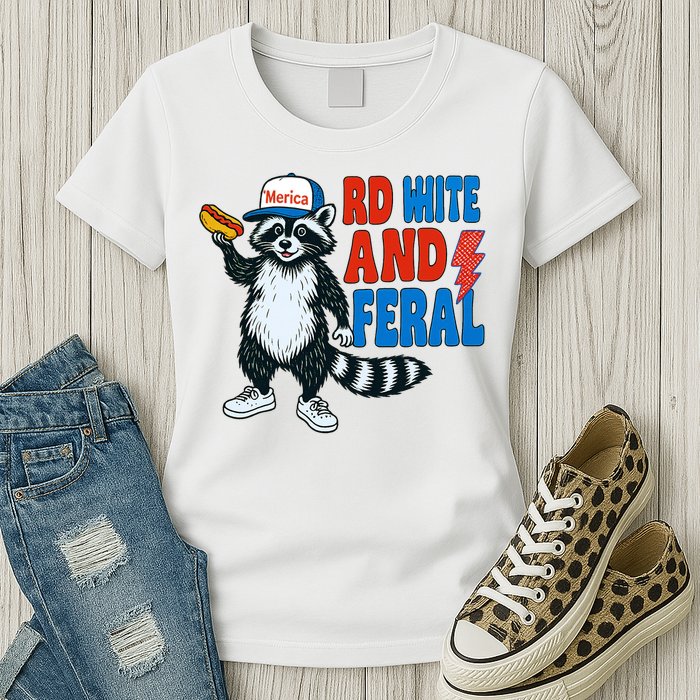 Red White And Feral Funny Raccoon 4th Of July Womens T-Shirt