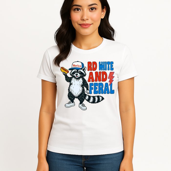 Red White And Feral Funny Raccoon 4th Of July Womens T-Shirt