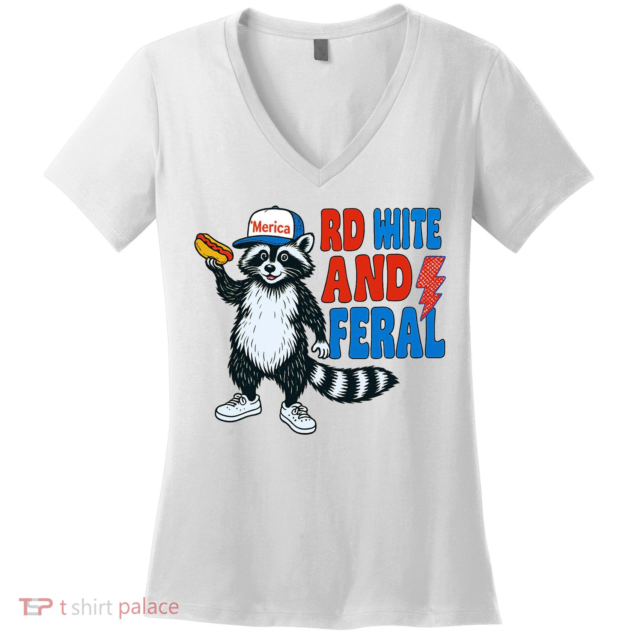 Red White And Feral Funny Raccoon 4th Of July Women's V-Neck T-Shirt