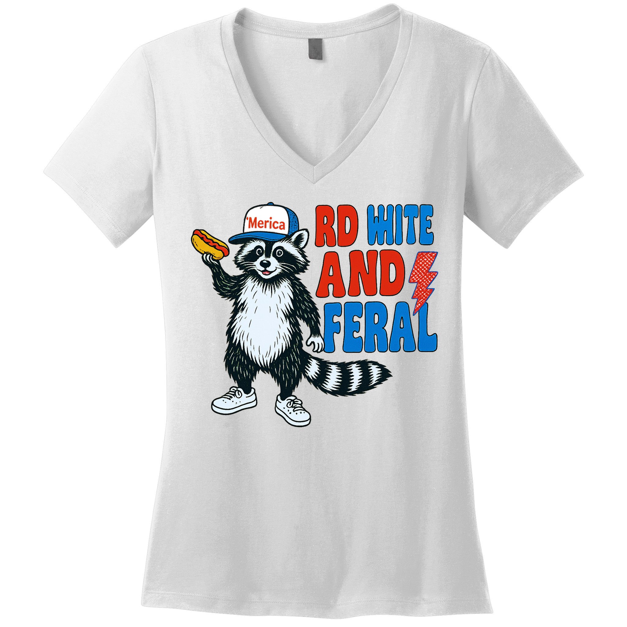 Red White And Feral Funny Raccoon 4th Of July Women's V-Neck T-Shirt
