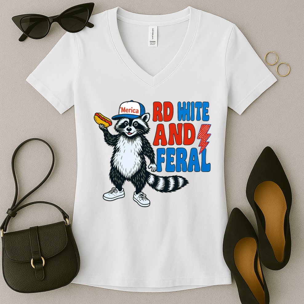 Red White And Feral Funny Raccoon 4th Of July Women's V-Neck T-Shirt