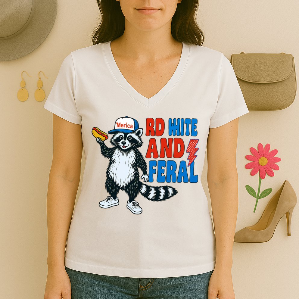 Red White And Feral Funny Raccoon 4th Of July Women's V-Neck T-Shirt