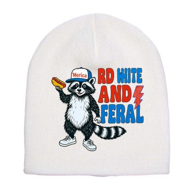 Red White And Feral Funny Raccoon 4th Of July Short Acrylic Beanie