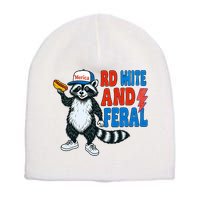Red White And Feral Funny Raccoon 4th Of July Short Acrylic Beanie