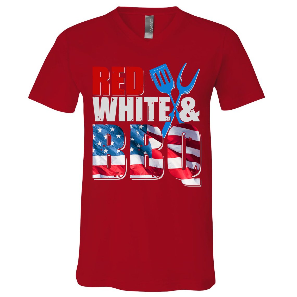 Red White And BBQ American USA Flag V-Neck T-Shirt
