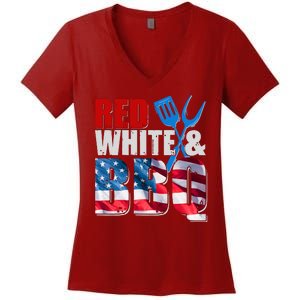 Red White And BBQ American USA Flag Women's V-Neck T-Shirt