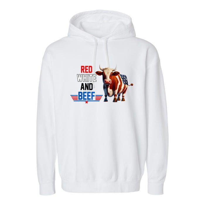 Red White And Beef Vintage Usa Flag 4th Of July Funny Cow Garment-Dyed Fleece Hoodie