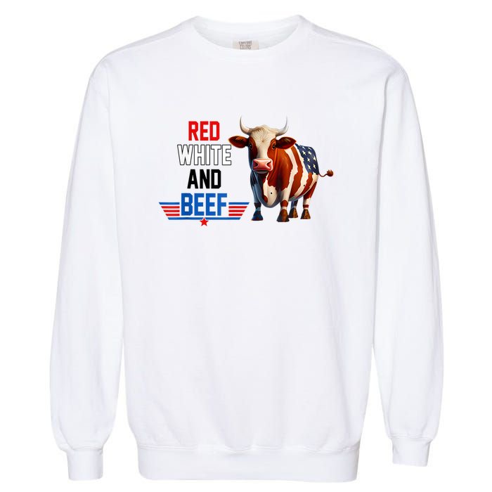 Red White And Beef Vintage Usa Flag 4th Of July Funny Cow Garment-Dyed Sweatshirt