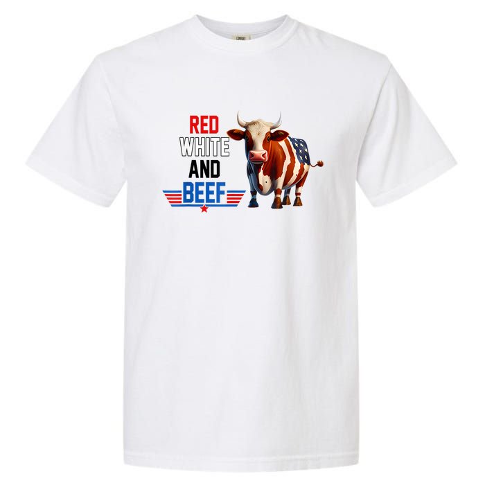 Red White And Beef Vintage Usa Flag 4th Of July Funny Cow Garment-Dyed Heavyweight T-Shirt