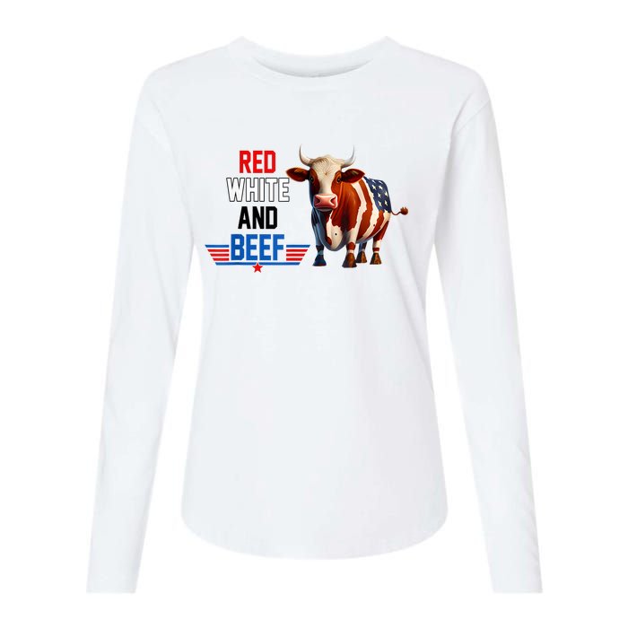 Red White And Beef Vintage Usa Flag 4th Of July Funny Cow Womens Cotton Relaxed Long Sleeve T-Shirt