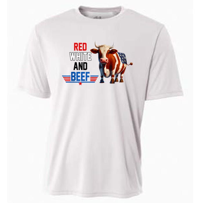 Red White And Beef Vintage Usa Flag 4th Of July Funny Cow Cooling Performance Crew T-Shirt