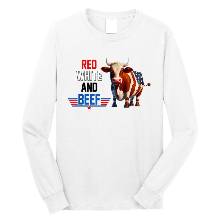 Red White And Beef Vintage Usa Flag 4th Of July Funny Cow Long Sleeve Shirt