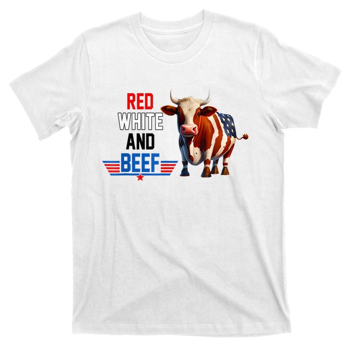 Red White And Beef Vintage Usa Flag 4th Of July Funny Cow T-Shirt