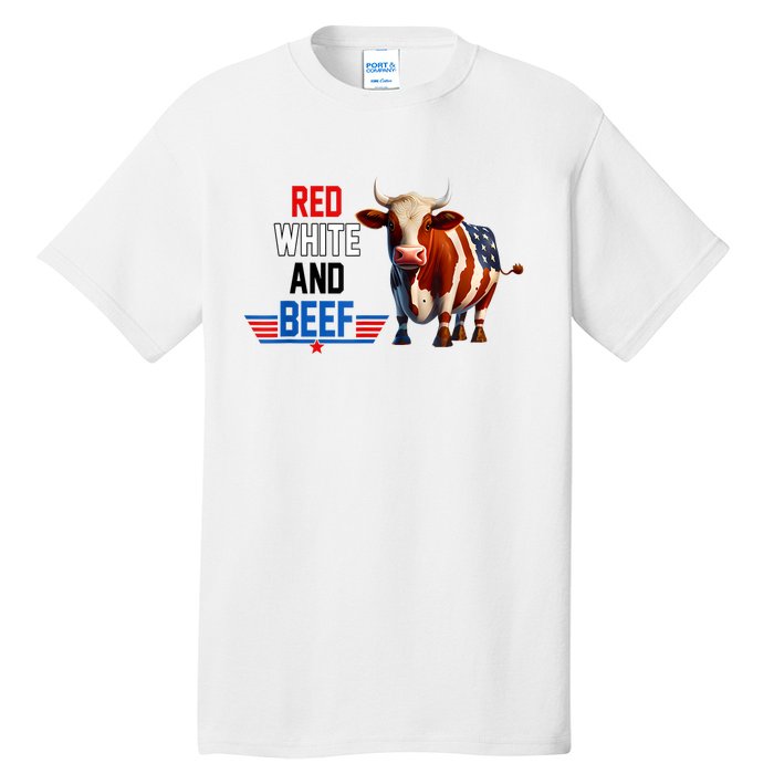 Red White And Beef Vintage Usa Flag 4th Of July Funny Cow Tall T-Shirt