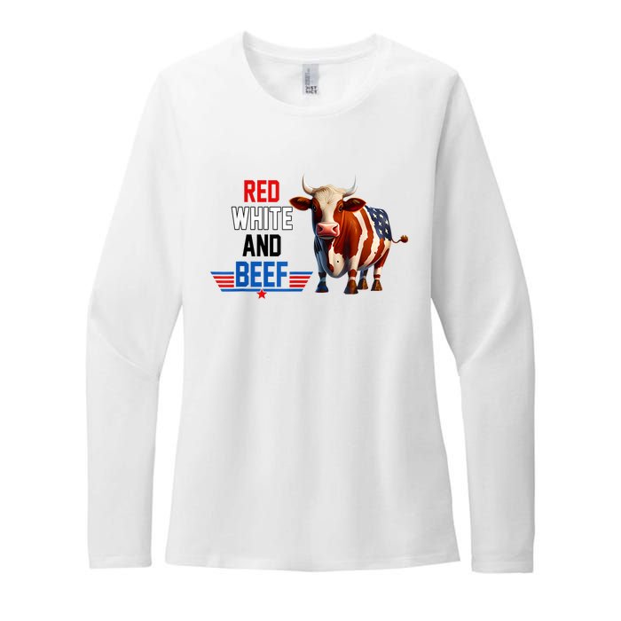 Red White And Beef Vintage Usa Flag 4th Of July Funny Cow Womens CVC Long Sleeve Shirt