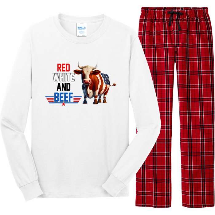 Red White And Beef Vintage Usa Flag 4th Of July Funny Cow Long Sleeve Pajama Set