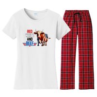 Red White And Beef Vintage Usa Flag 4th Of July Funny Cow Women's Flannel Pajama Set