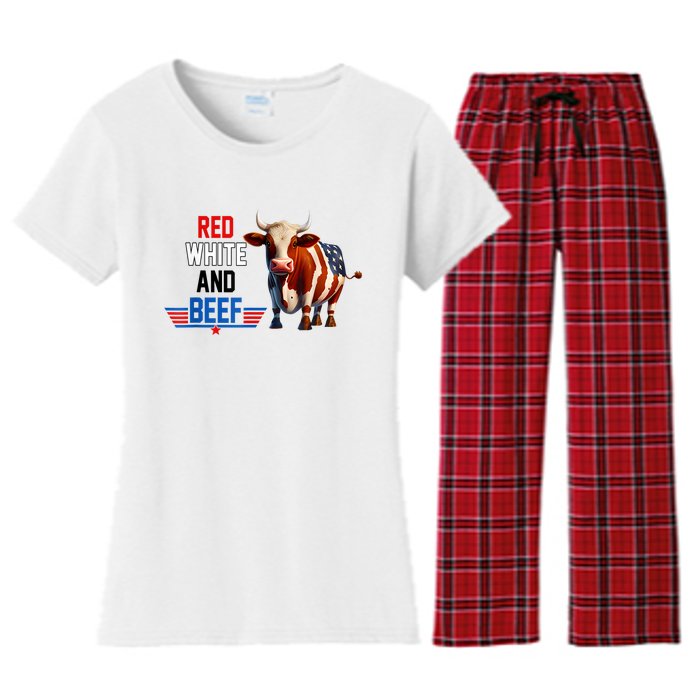 Red White And Beef Vintage Usa Flag 4th Of July Funny Cow Women's Flannel Pajama Set