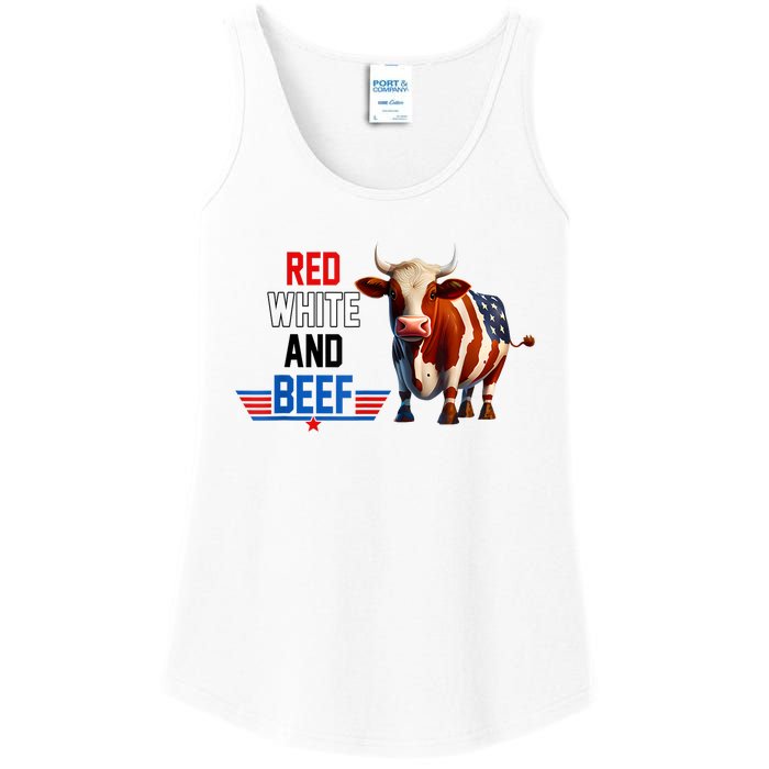 Red White And Beef Vintage Usa Flag 4th Of July Funny Cow Ladies Essential Tank