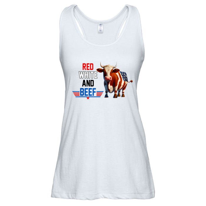 Red White And Beef Vintage Usa Flag 4th Of July Funny Cow Ladies Essential Flowy Tank