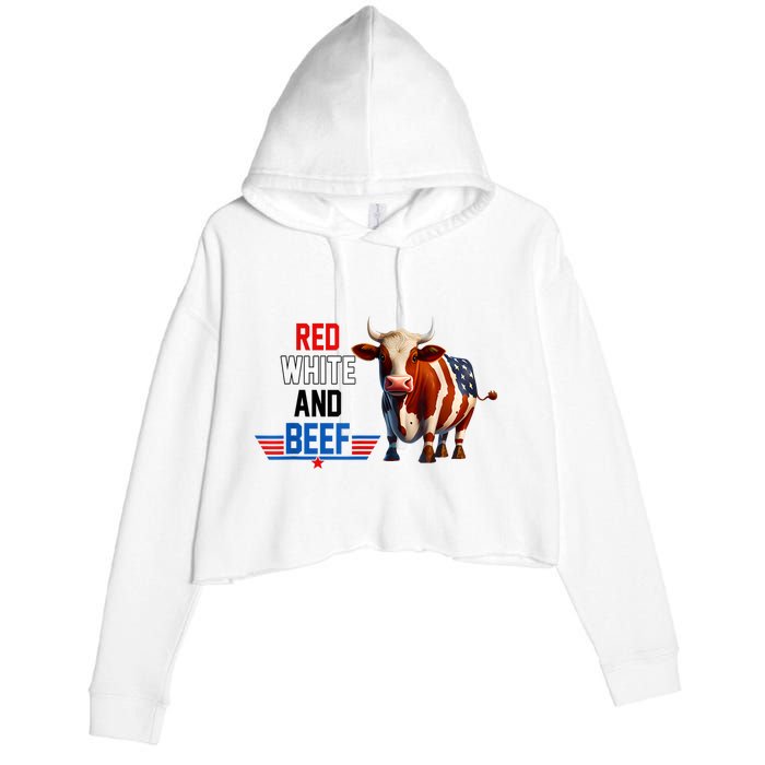 Red White And Beef Vintage Usa Flag 4th Of July Funny Cow Crop Fleece Hoodie