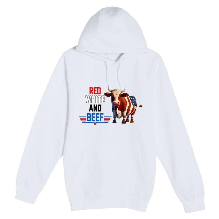 Red White And Beef Vintage Usa Flag 4th Of July Funny Cow Premium Pullover Hoodie