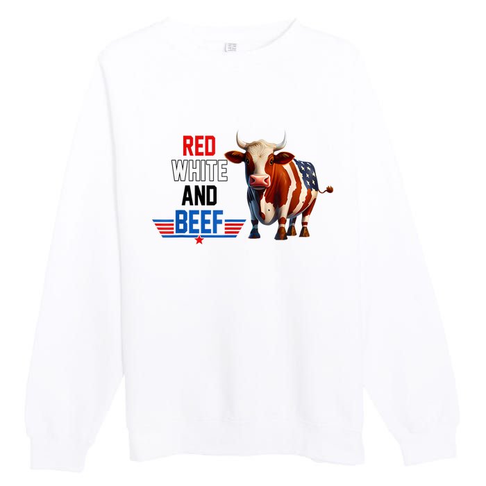 Red White And Beef Vintage Usa Flag 4th Of July Funny Cow Premium Crewneck Sweatshirt