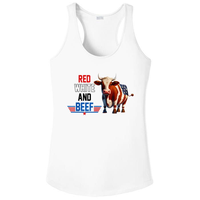 Red White And Beef Vintage Usa Flag 4th Of July Funny Cow Ladies PosiCharge Competitor Racerback Tank