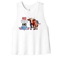 Red White And Beef Vintage Usa Flag 4th Of July Funny Cow Women's Racerback Cropped Tank