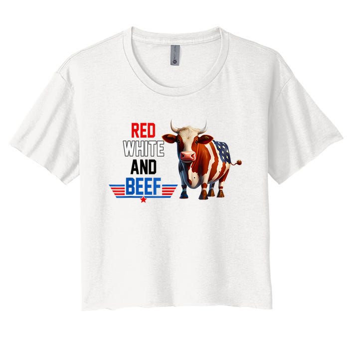 Red White And Beef Vintage Usa Flag 4th Of July Funny Cow Women's Crop Top Tee