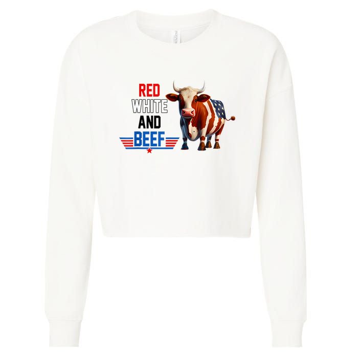 Red White And Beef Vintage Usa Flag 4th Of July Funny Cow Cropped Pullover Crew