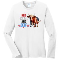 Red White And Beef Vintage Usa Flag 4th Of July Funny Cow Ladies Long Sleeve Shirt