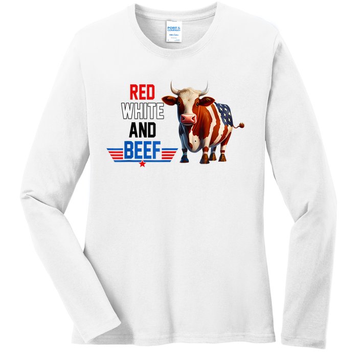 Red White And Beef Vintage Usa Flag 4th Of July Funny Cow Ladies Long Sleeve Shirt