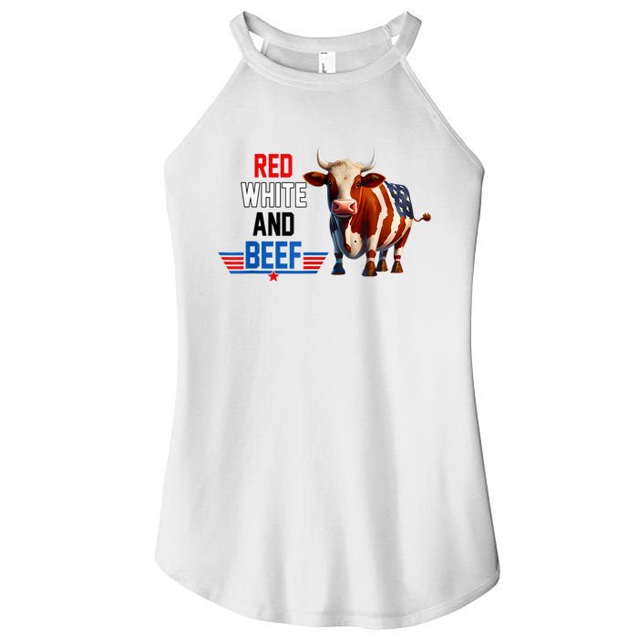 Red White And Beef Vintage Usa Flag 4th Of July Funny Cow Women's Perfect Tri Rocker Tank